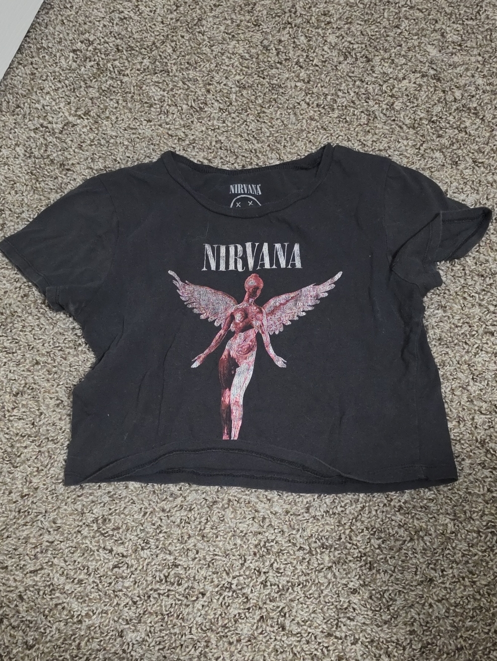 NIRVANA Black Crop Tee with Pink Angel Graphic